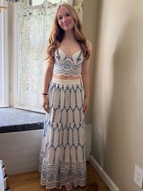 (2piece Set) White and Blue Maxi Skirt - Women's Boho Summer Skirt and Top